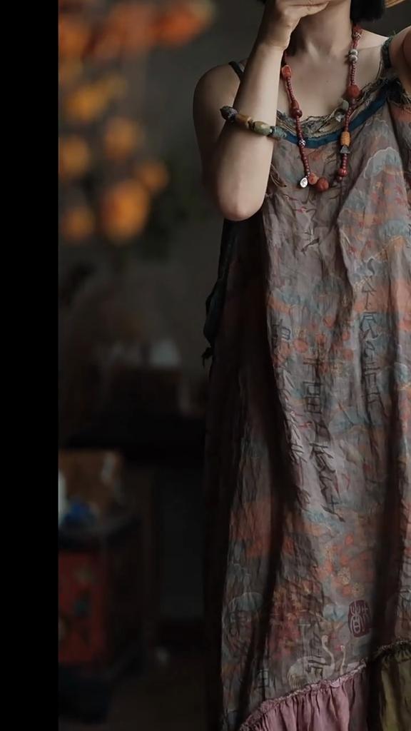 Johnature Women Vintage Patchwork Dress Summer High Quality Print Floral Sleeveless Spaghetti Strap Female Dress