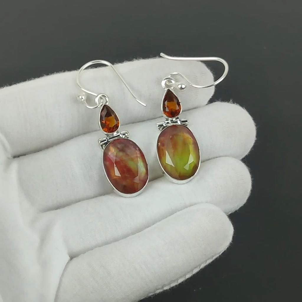 925 Sterling Silver Earrings, Beautiful Ammolite & Honey Topaz Earrings, Party Wear Jewelry, Dangle Drop Earrings For Thanksgiving Gifts
