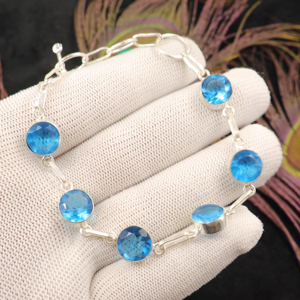 Swiss Blue Topaz Gemstone 925 Solid Silver Jewelry Handmade Bridesmaid Bracelet RB-14-10