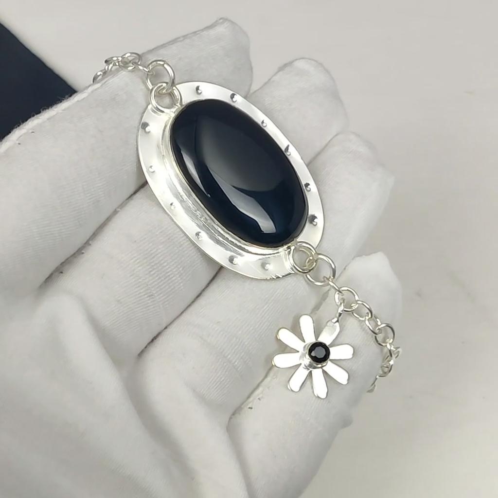 Naturlig Svart Onyx Ädelsten Handgjort 925 Sterlingsilver Armband, Svart Spinel Armband För Fru , Unisex Armband, Festkläder Gåva