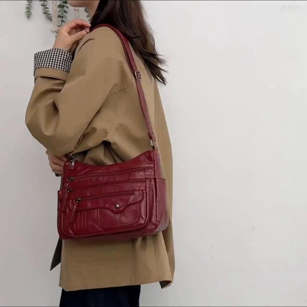 Vintage Crossbody Bag Adjustable Strap Multiple Zipper Pockets Solid Color Casual