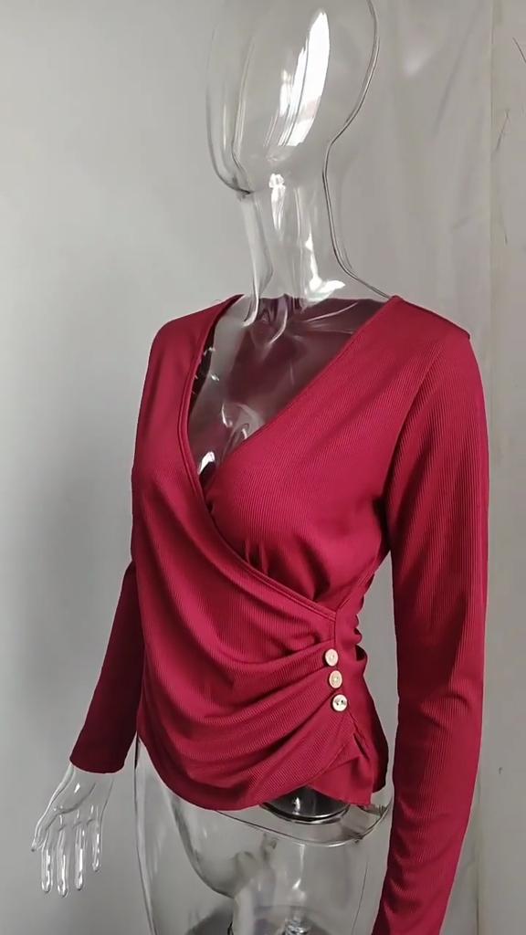 YYFS Women's Fashion Casual Spring Fall Solid Color Print Long Sleeve V-Neck Blouses & Shirts
