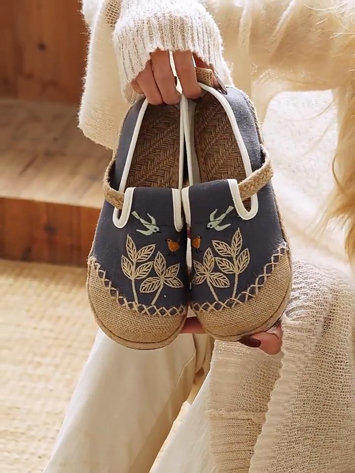 Johnature Pantofi din stofă brodate în stil etnic Bumbac In Talpă moale Tesute respirabile Pantofi plati pentru femei