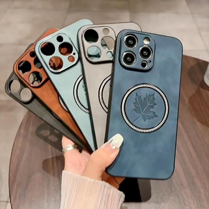 Retro Leather Maple Leaf Case For iPhone 16 15 14 13 12 11 Pro Max Plus iPhone15 iPhone14 ProMax For Magsafe Magnetic Charge Covers