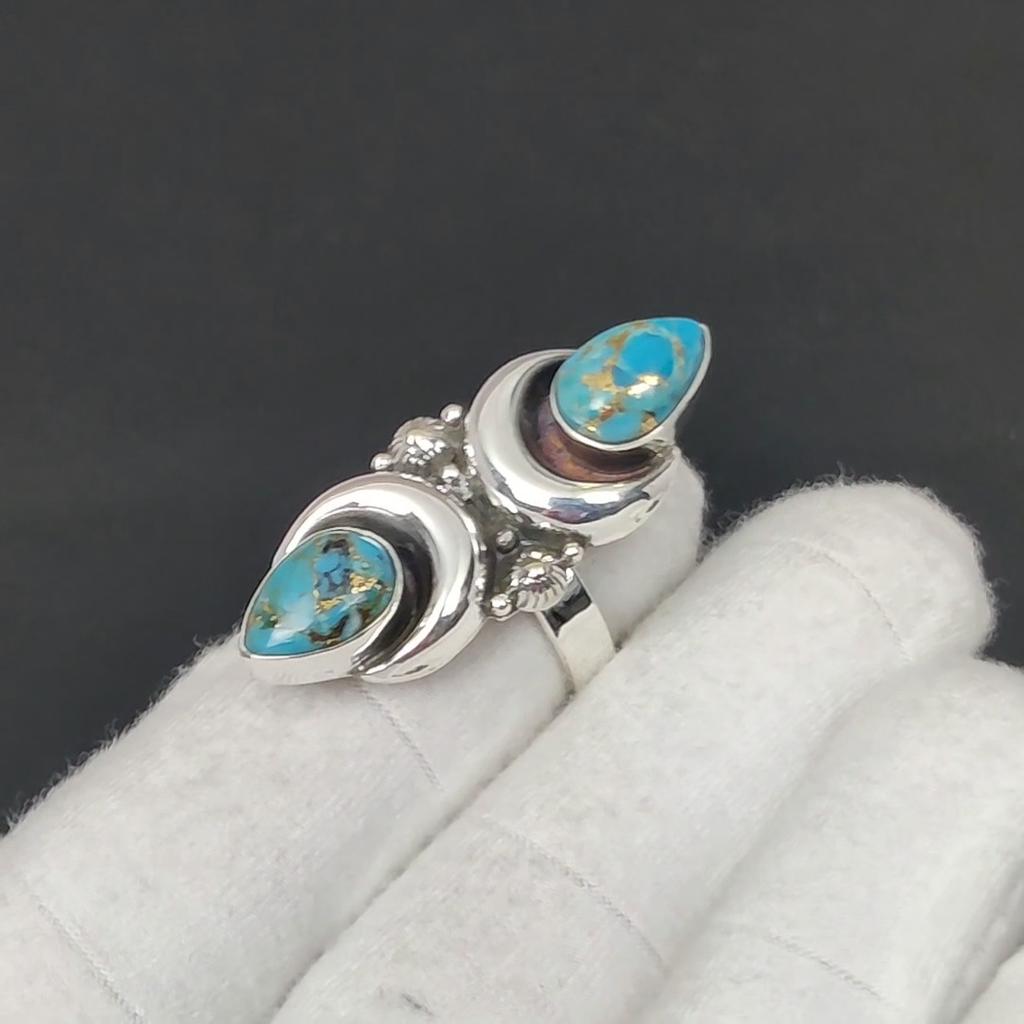 Copper Turquoise Adjustable 925 Sterling Silver Ring - Fits US Sizes 6 To 10 - Handmade Boho Jewelry for Women & Men, Valentine Gifts