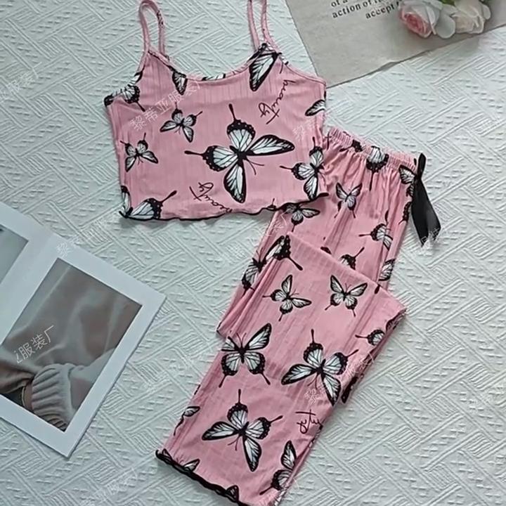 European and American Style Women’s Butterfly Print Cami Top and Long Pants Set Casual Comfortable Loungewear Pajamas