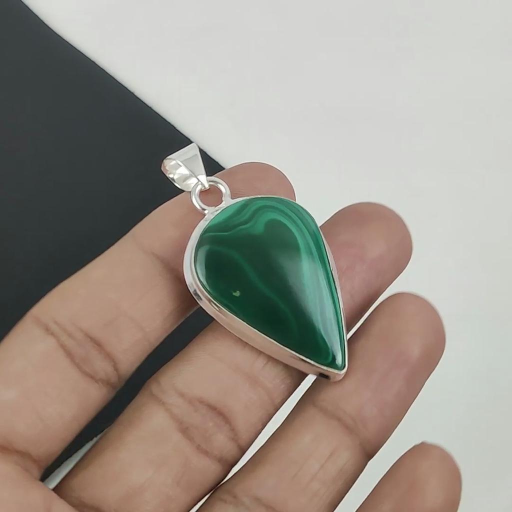 Natural Malachite Gemstone Silver Pendant in 925 Sterling Silver - Handmade Pear Design, Everyday Wear Jewelry Party Wear Gift