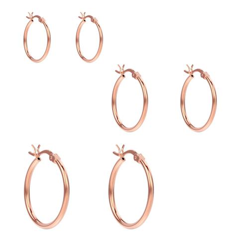 LeCalla S925 Sterling Silver Jewelry Set of 3 Pairs Rose-Gold Plated Click-Top Hoop Earrings for Girl Teen Women (12mm, 15mm, 20mm)
