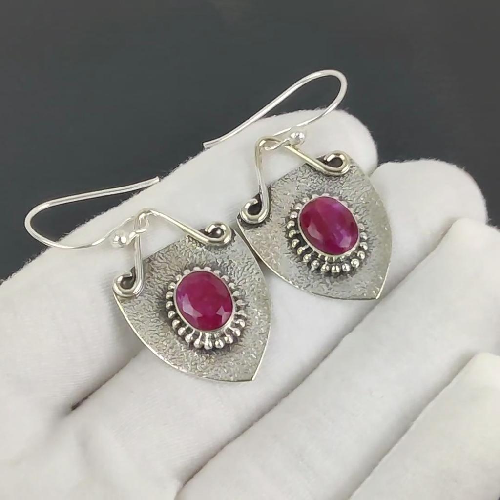 Amazing Kashmir Ruby Gemstone Earrings, 925 Sterling Silver Earring, Handmade Boho Silver Jewelry Dangle Earrings, Birthday Gift