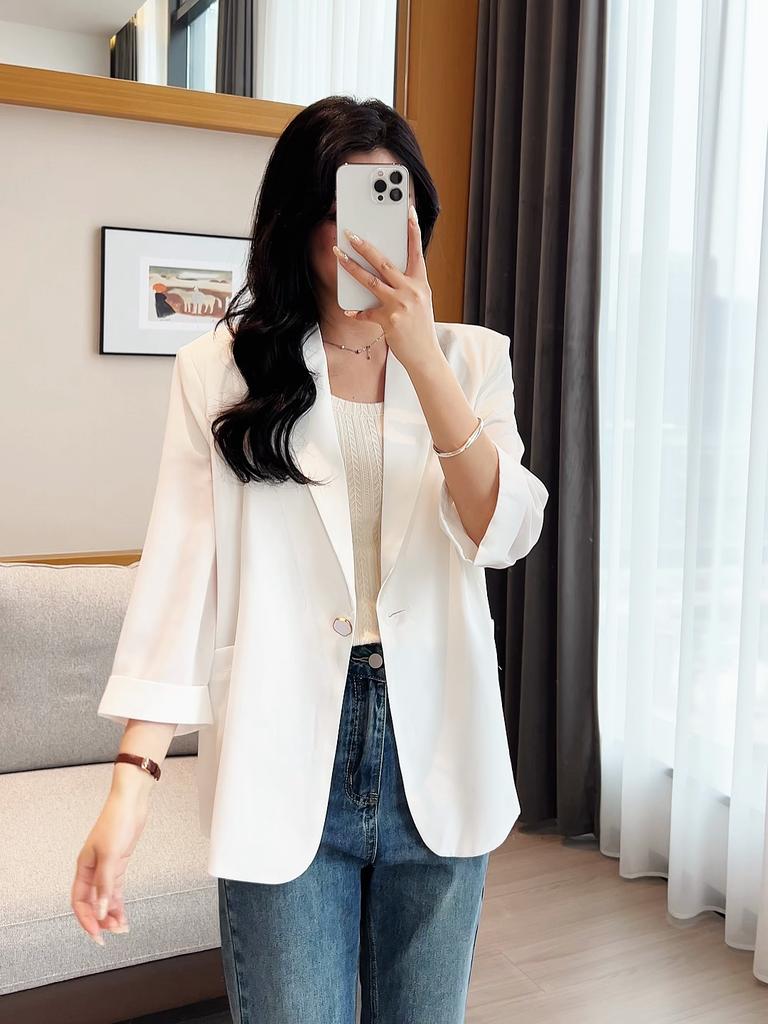 Blazer casual da donna taglie forti a maniche 3/4 – Giacca da completo leggera a un bottone (Taglia L-6XL)