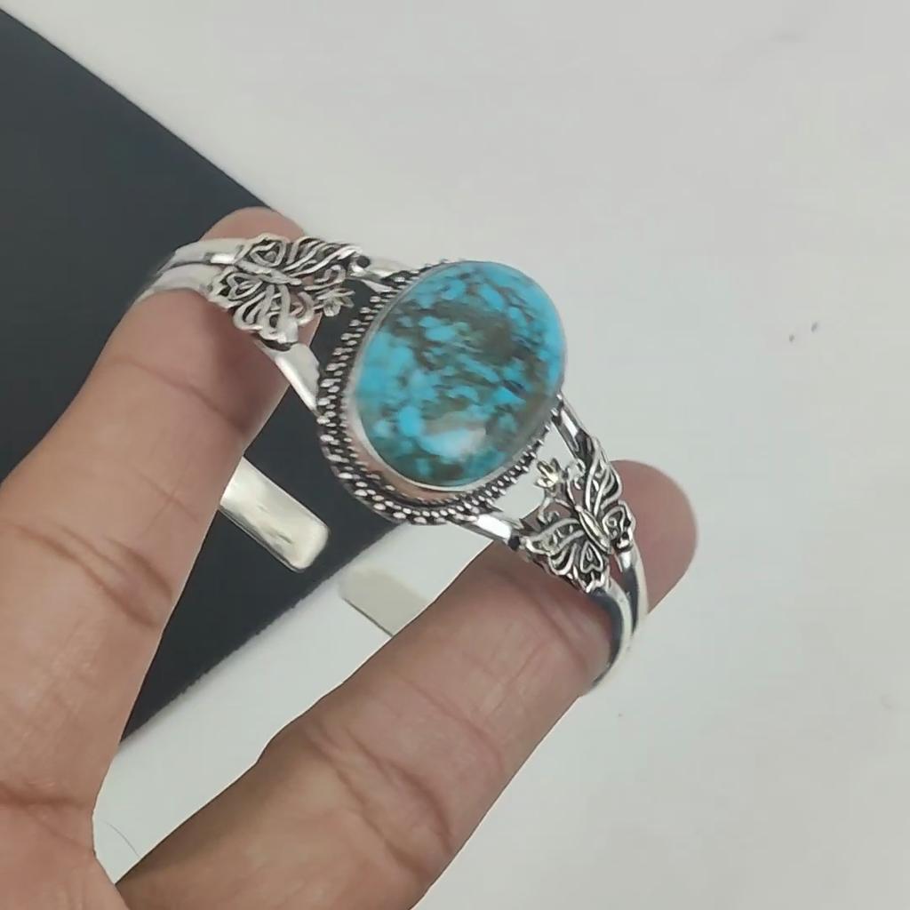 Natural Tibtan Turquoise Gemstone Handmade 925 Sterling Silver Cuff Bangle, Tibtan Turquoise Bangle,For Wife, Unisex Bangle, Gifts For Anniversary