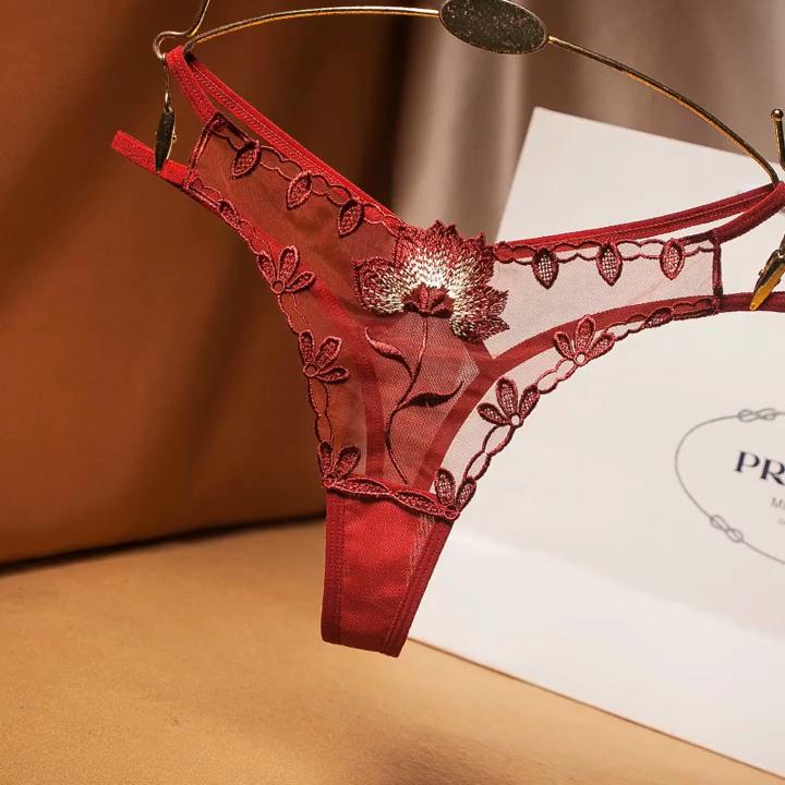 Women Thong Lace Embroidery Low Waist Solid Color Close Fit Underwear
