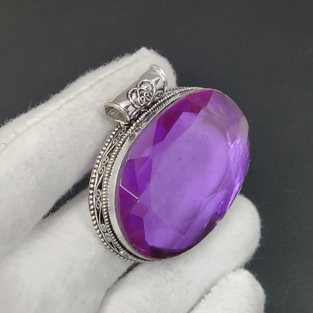 Ametist Ädelsten Silver Stor Hänge i 925 Sterlingsilver - Handgjord Design, Smycken för Vardagsbruk, Unikt Hänge Thanksgiving-present