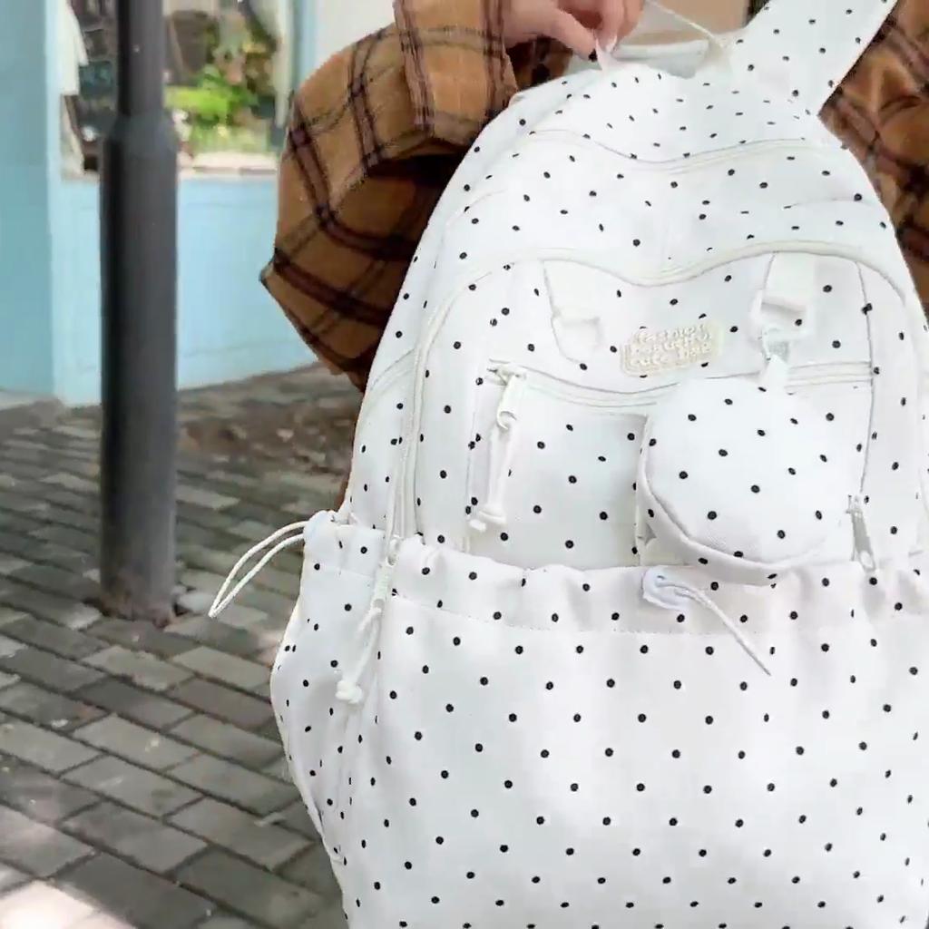 Women's Wave Point Print Backpack Junior High School Student Schoolbag Large Capacity Backpack with Coin Purse