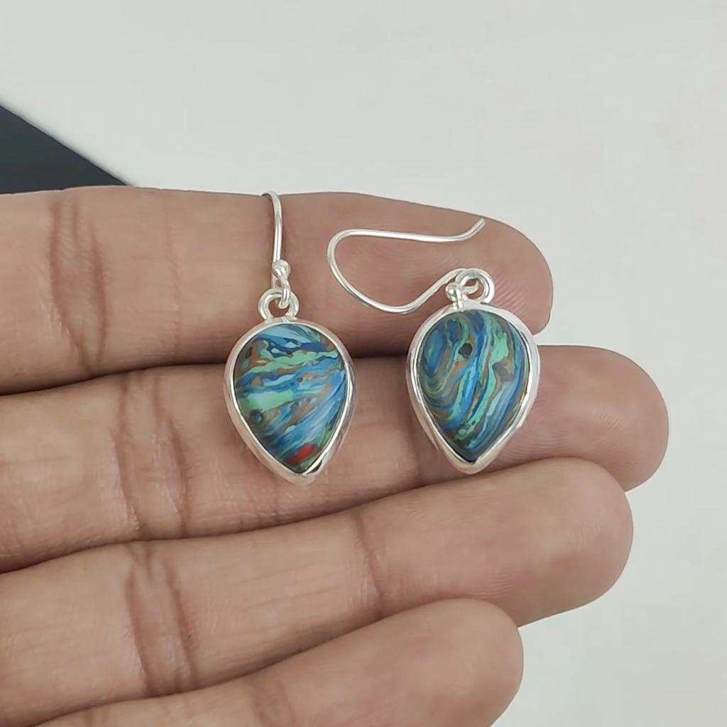Naturaal Rainbow Calsilica Gemstone Earrings, 925 Sterling Silver Earring, Handmade Boho Silver Jewelry Dangle Earrings, Birthday Gift