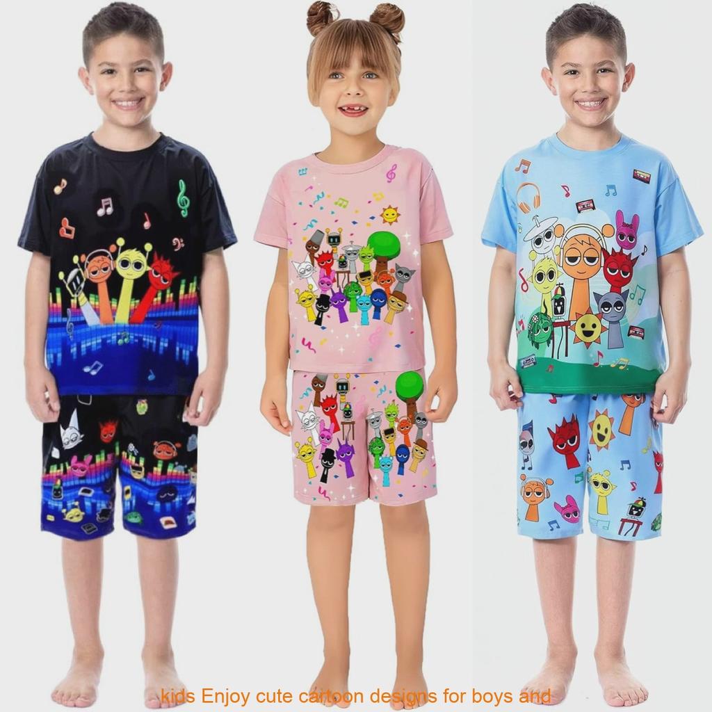 Sprunki Print Sommer Kinder Pyjama Set Für Jungen Mädchen Baumwolle Lässig Cartoon Hausanzug Zweiteiler Anzug Für Kinder