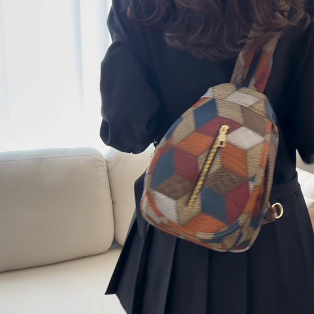 PU Soft Leather Backpack Large Capacity Women's Shouder Bag Stitching Contrast Color Travel Chest Bag Lightweight Schoolbag