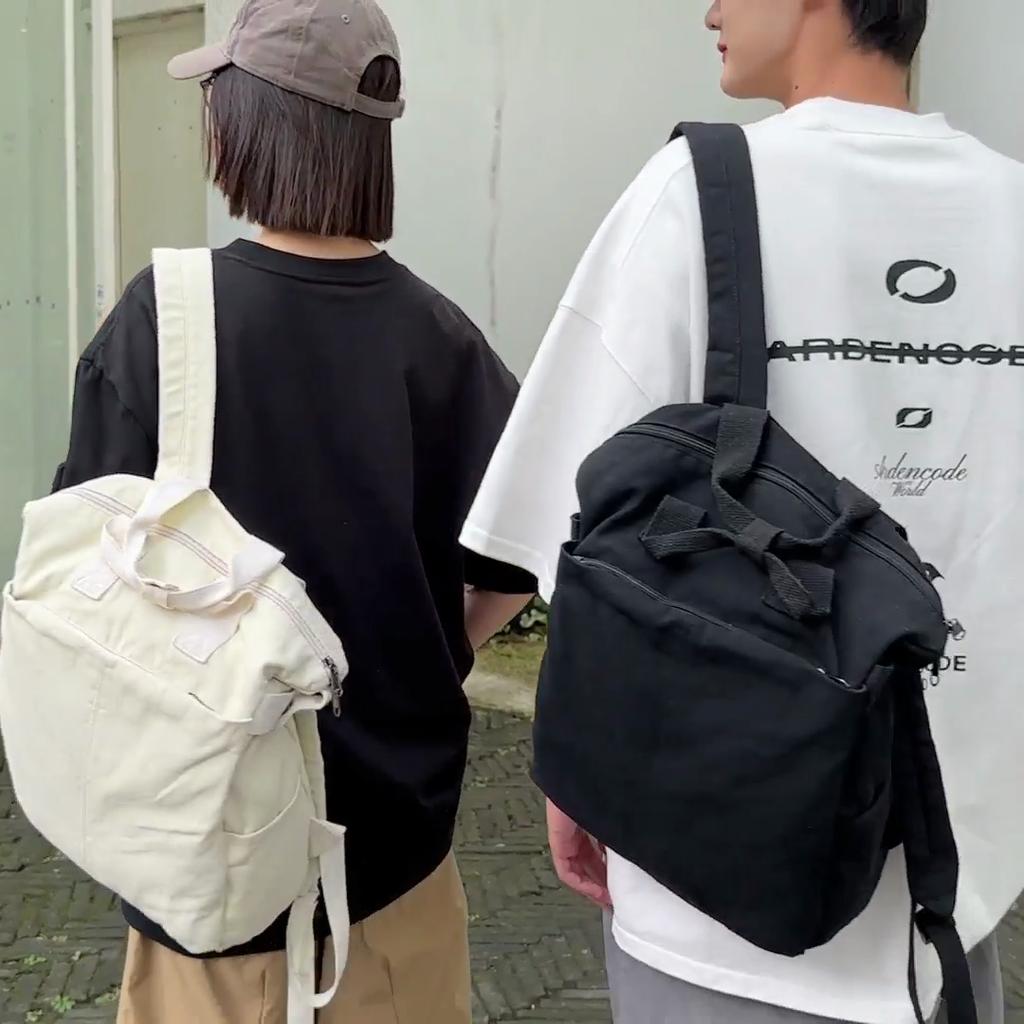 Canvas Backpack Solid Color Student Schoolbag Men Large Capacity Travel Backpack