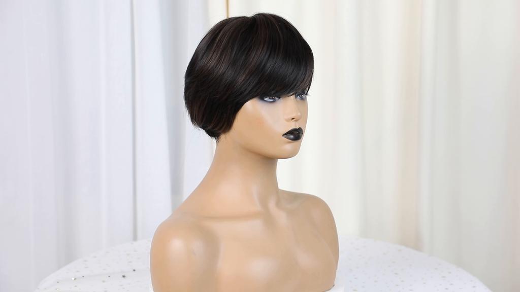 ALAN EATON Schwarzbraune synthetische Perücken mit Highlights, kurze gerade Perücken für Frauen, natürliches Haar, hitzebeständige Perücken mit Pony