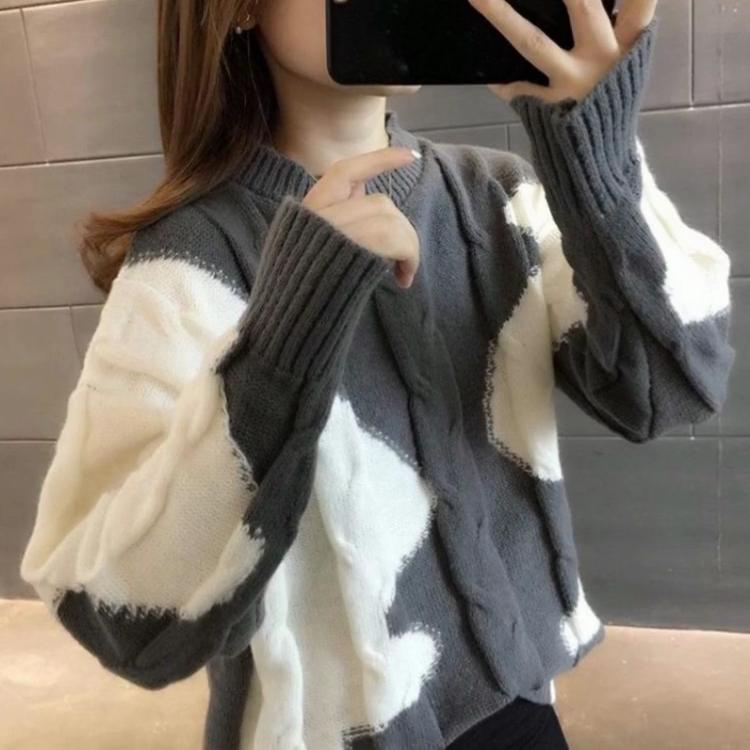 Lazy Style Color Blocked Western-style Knitted Sweater Women's Fashion Versatile Loose Base Shirt Trend