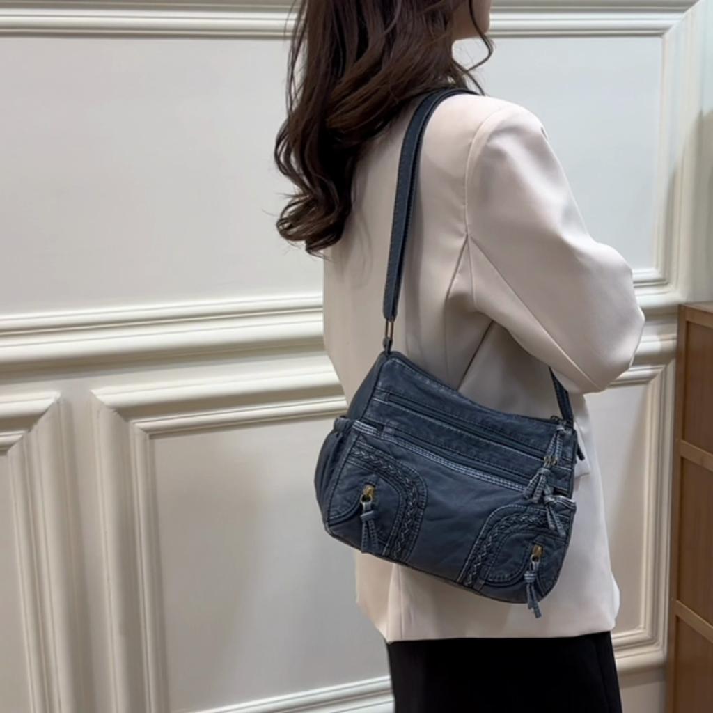Vintage Style Crossbody Bag, PU Leather Shoulder Bag, Woven Multi Pockets Purse For Women