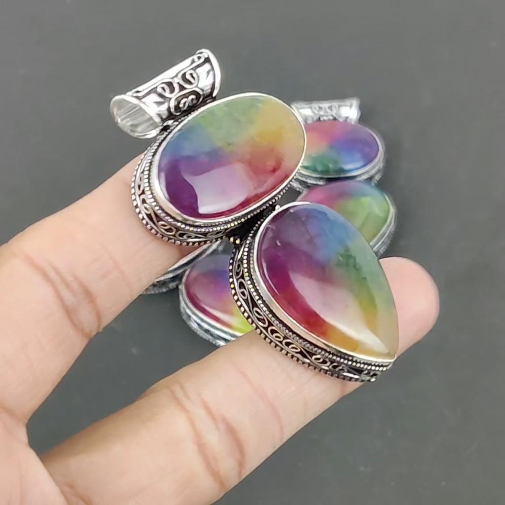 Rainbow Solar Quartz Gemstone Handmade 925 Sterling Silver Pendant Natural Gemstone Fix Loop Pendant Double Rainbow Solar Quartz Pendant