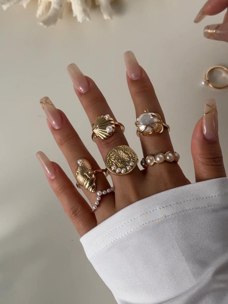 European & American Geometric Baroque Imitation Pearl Ring Set - Sweet And Cool Ins Style Glossy Conch Scallop Metal Ring Women's Jewelry