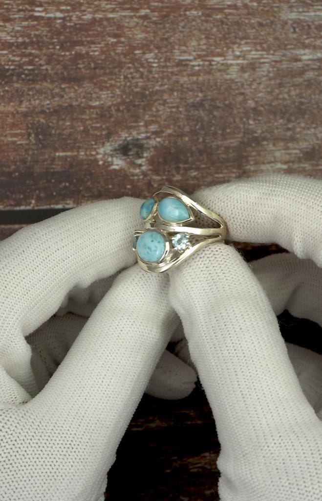925 Sterling Silver Larimar & Blue Topaz Statement Ring – Handmade Ocean-Inspired Gemstone Jewelry, Girl's Blue Ring