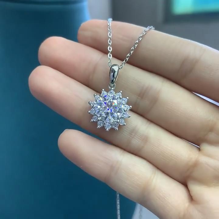 6.5mm Snowflake Halo Round Cut Moissanite Pendant Necklace S925 Sterling Silver For Women