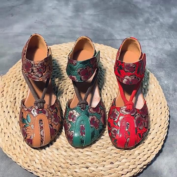 Johnature Ethnic Style Summer Women's Shoes Genuine Leather Embossed Thick Heel Soft Soled Vintage Sandals