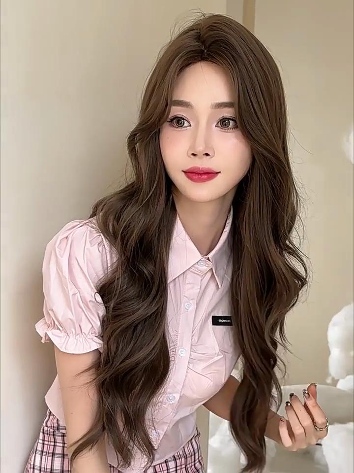 Japanese and Korean Style Women’s Long Wavy Wig with Middle Part Tea Brown Synthetic Full Wig