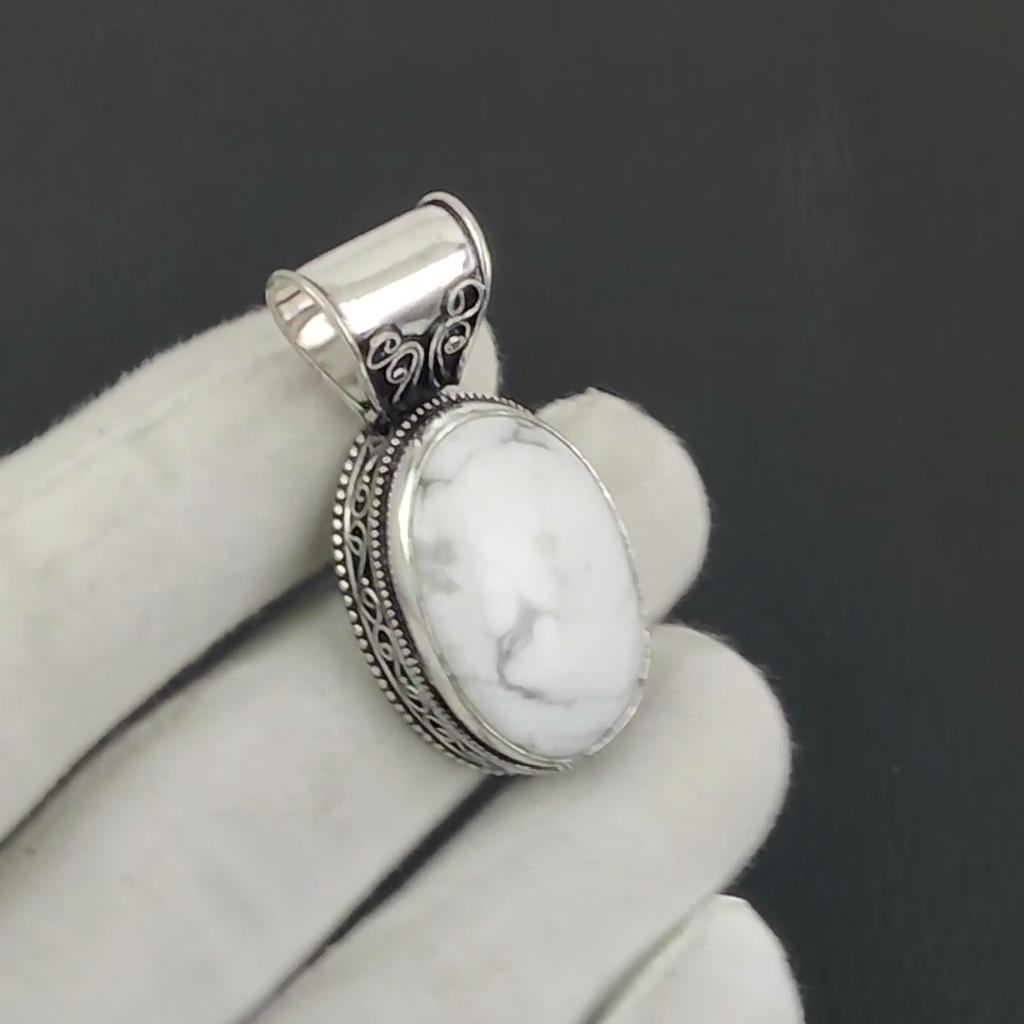 Natural Howlite Gemstone Silver Pendant In 925 Sterling Silver - Handmade Oval Design, Everyday Wear Jewelry Engagement Gift