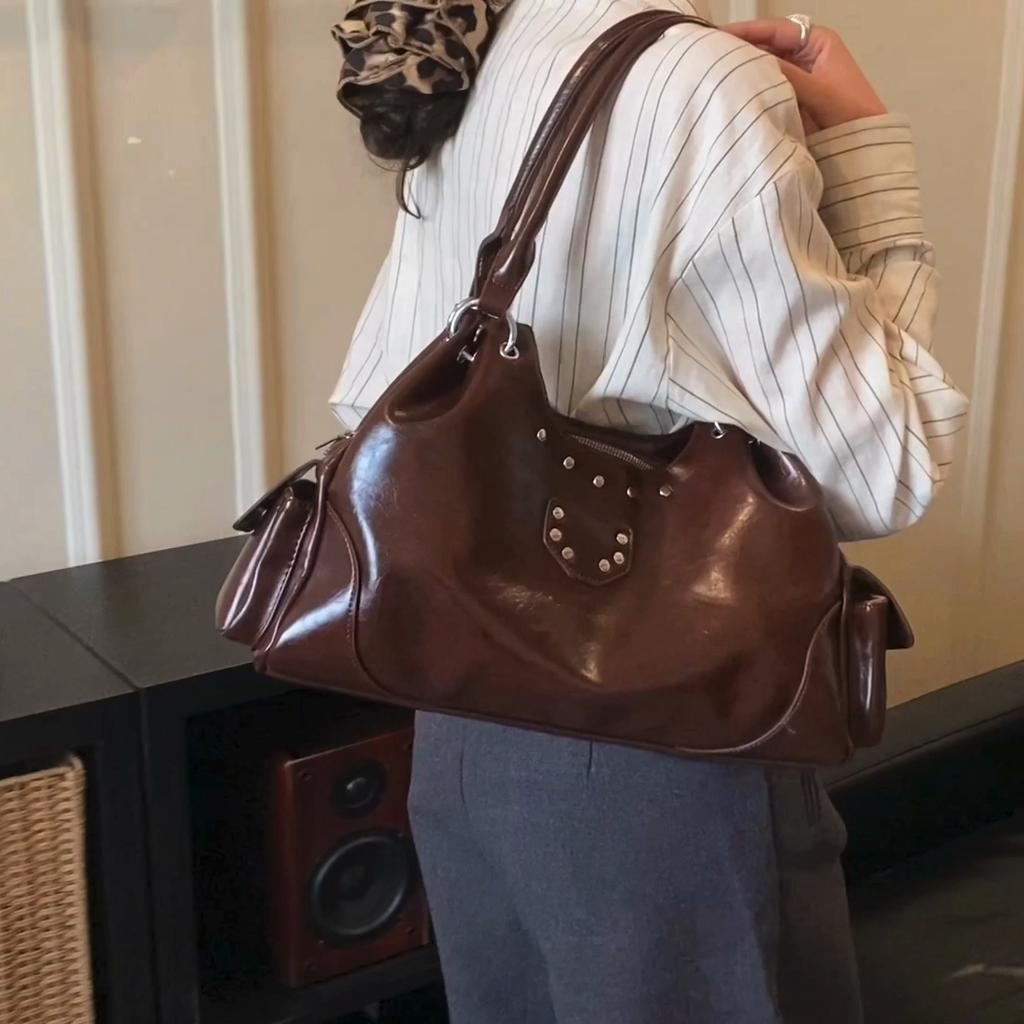 Faux Leather Hobo Bag Women Fashion Shoulder Bag With Stud Detail Soft Texture Handbag Everyday Use