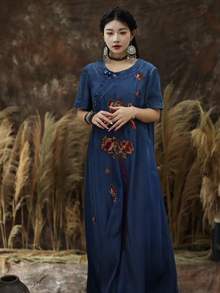 Johnature Chinese Style Casual Disc Buckle Cheongsam Summer Woman Fashion Vintage Embroidery Cowboy Dress