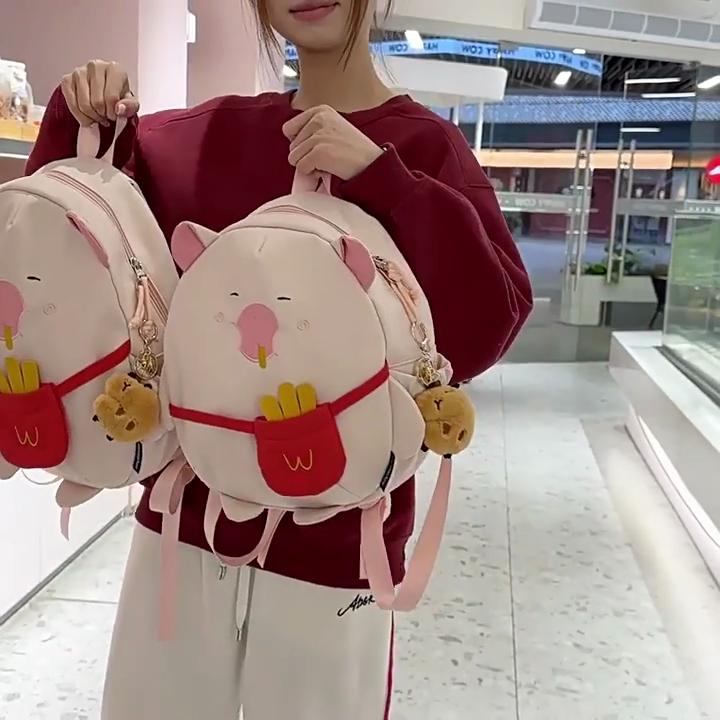 Cute Cartoon French Fries Capybaradesign Children Backpack With Plush Pendant For Casual Travel And School Use