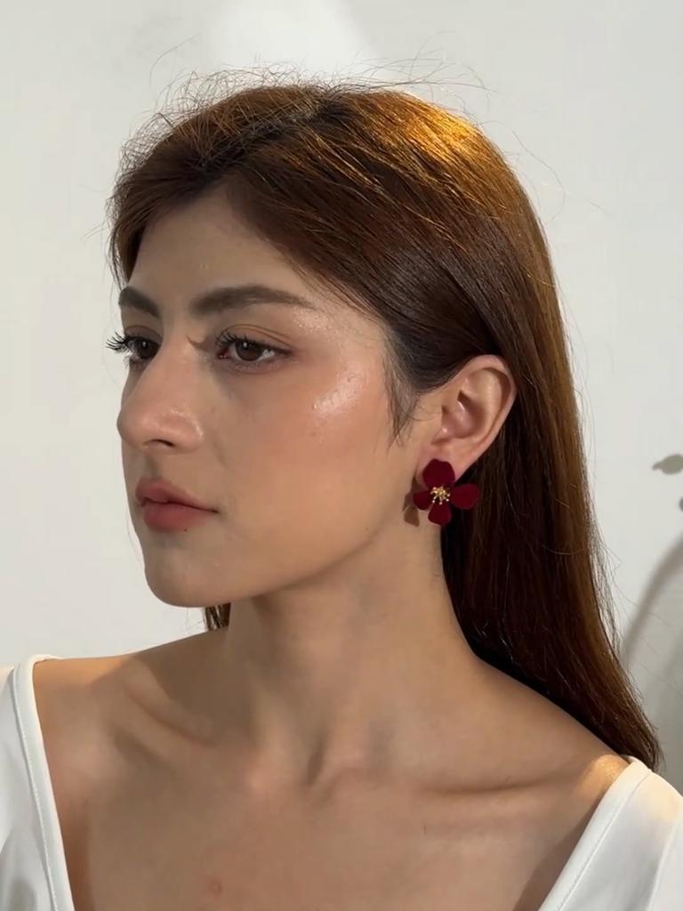 Cercei Modești Retro din Catifea Roșie cu Floare și Stamine din Aliaj de Zinc pentru Femei, Bijuterii, Petreceri, Asortare Zilnică, Cadouri