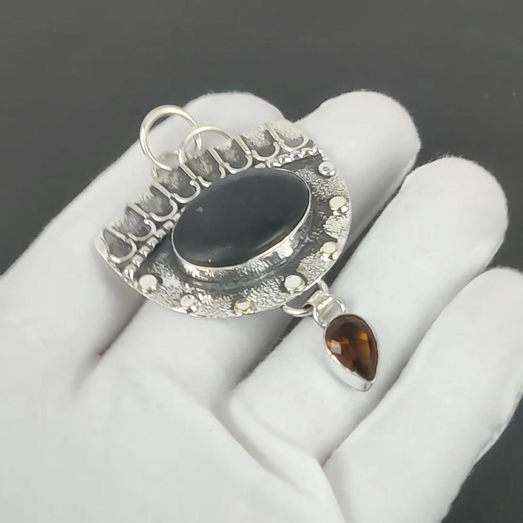 Black Obsidian Pendant, 925 Sterling Silver Handmade Jewelry, Smoky Topaz Silver Pendant, Party Wear Jewelry For Women's, Pendant Wadding Gift