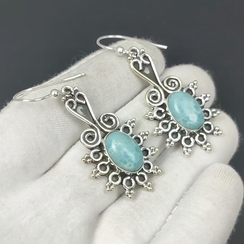 Natural Larimar Gemstone Earring, Larimar Oval Gemstone Earring 925 Sterling Silver Earring, Larimar Birthstone Earring Women's Earring
