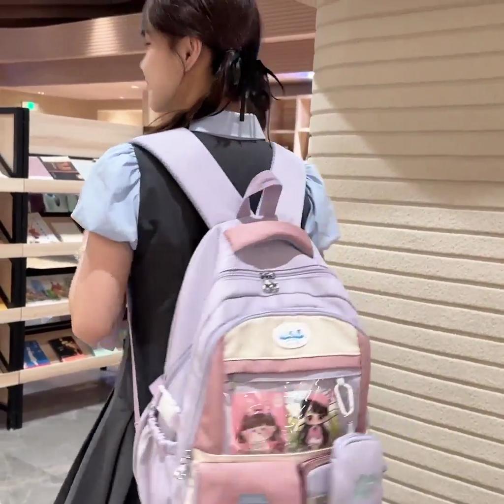 Student Color Block Schoolbag Girl's Large Capacity Backpack with Coin Purse