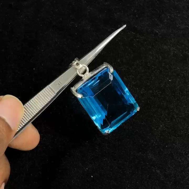 Natural Blue Topaz 91 Ct Emerald Cut 925 Sterling Silver Pendant