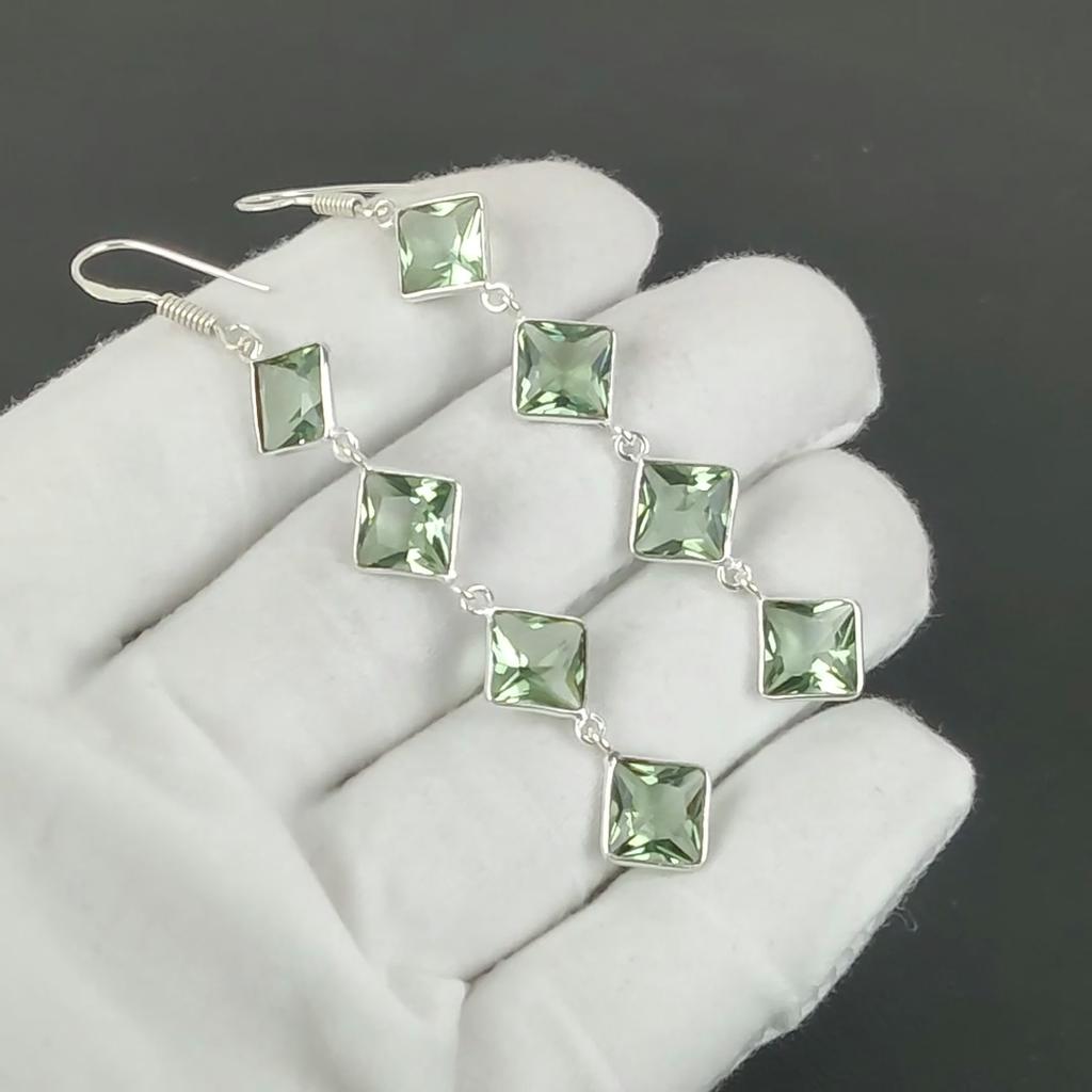 Green Amethyst Gemstone Earrings, 925 Sterling Silver Earrings, Handmade Silver Earrings For Gift, Green Amethyst Dangle Earrings Wadding Gift