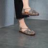 Johnature Genuine Leather Round Toe Soft Soled Flat Sandals Retro Pleated Women's Shoes