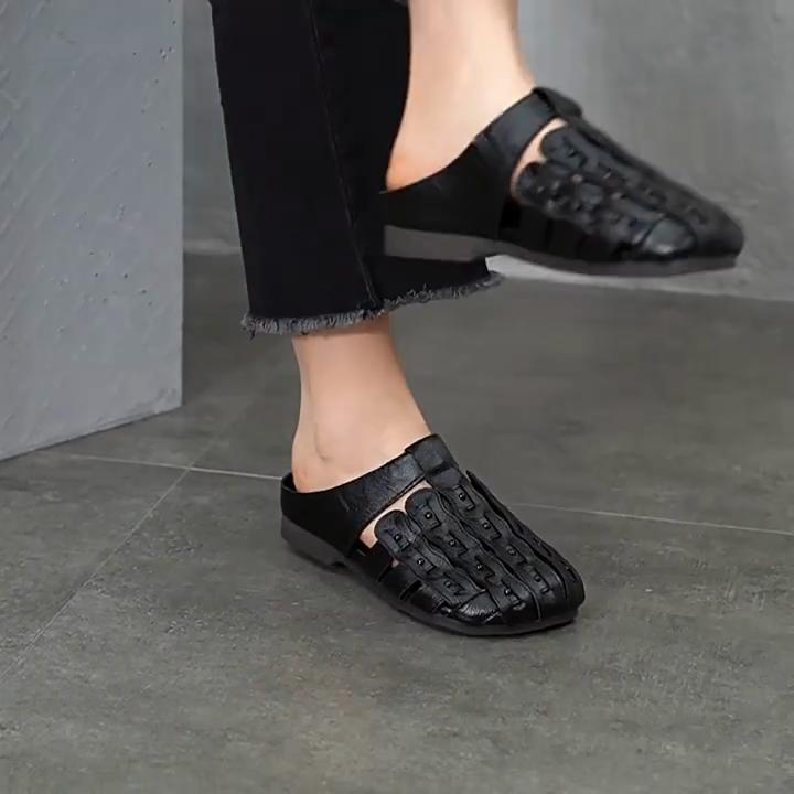 Johnature Genuine Leather Round Toe Flat Slippers Hollow Out Soft Soled Outdoor Slides Women's Slip-on Sheos