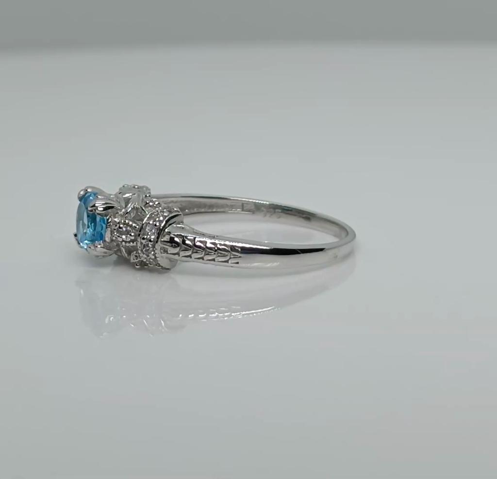 5MM Round Swiss Blue Topaz Gemstone 925 Sterling Silver Solitaire Blossom Design Women Wedding Ring