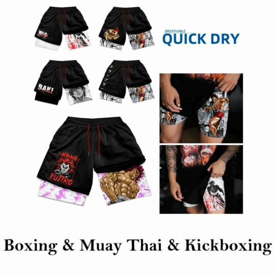 Calções de Treino Baki Grappler Calças Camada Dupla Boxe Muay Thai Kickboxing Treino Desenho Animado Japonês Animação Estampa 3D Ginásio Desporto Treino Fitness Cosplay Unissexo