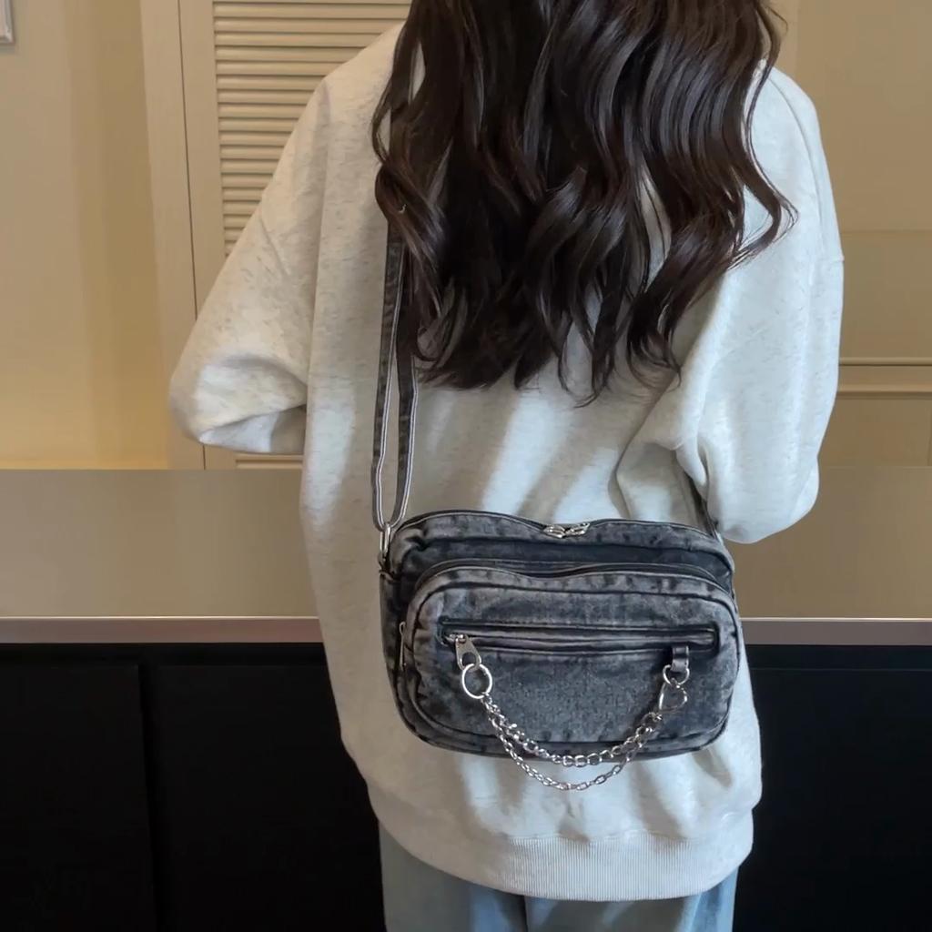 Washed Denim Crossbody Bag with Front Zipper Pocket and Decorative Chain Detail Casual Shoulder Purse for Women Daily