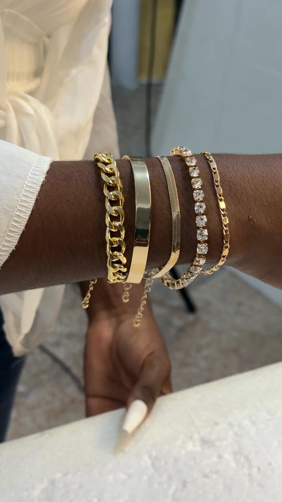 Fashionable Punk Landscape Surface Simple and Versatile Stacked Bracelet Set Geometric Inlaid Diamond Trendy Cool Multi Layer Bracelet Women's Jewelry