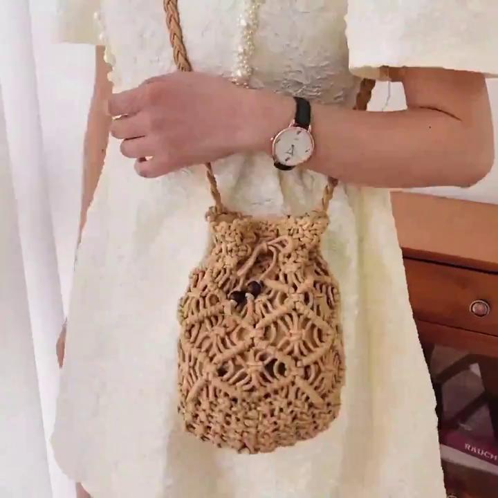 Yogodlns Cotton Rope Bucket Shoulder Bag For Women Handamade Woven Summer Beach Drawstring Crossbody Bag