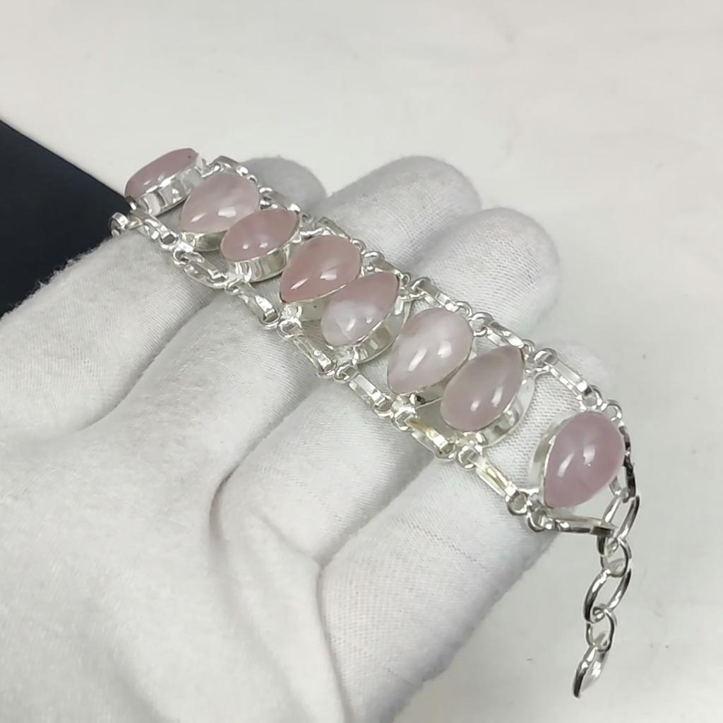 Brățară din argint 925, lucrată manual cu piatră prețioasă naturală de cuarț roz, brățară de cuarț roz pentru soție, brățară unisex, cadou pentru mamă