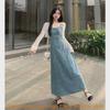 Denim Dress For Women With French Bow Tie Detail Long Sleeveless Summer Casual